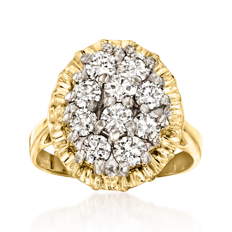 Yellow gold diamond cluster ring with round prong-set stones in a vintage halo design