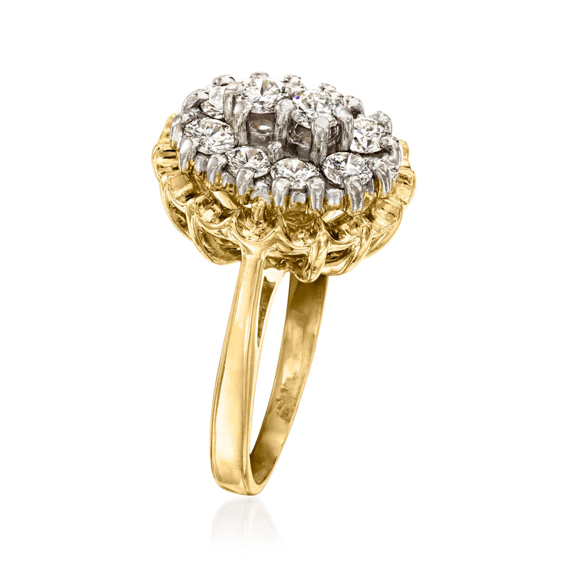Side view of 14kt yellow gold diamond cluster ring with prong-set round diamonds