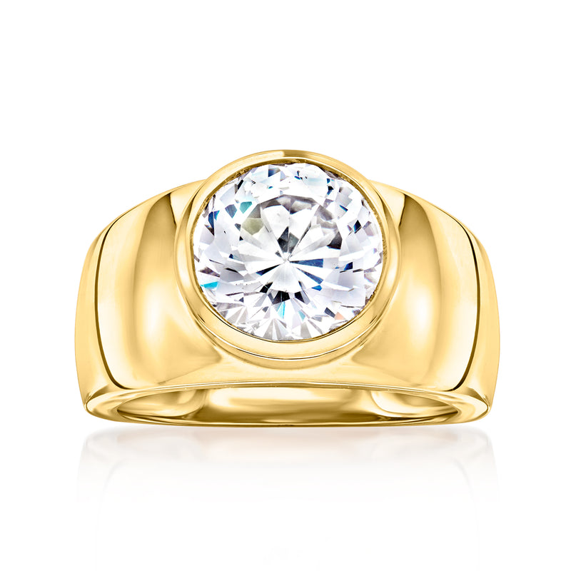 Gold-tone bezel-set CZ ring with round center stone, wide band.
