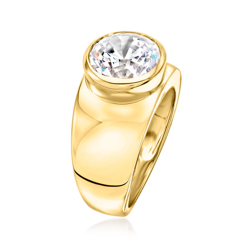 Gold-tone CZ ring with round bezel center stone, side profile view.