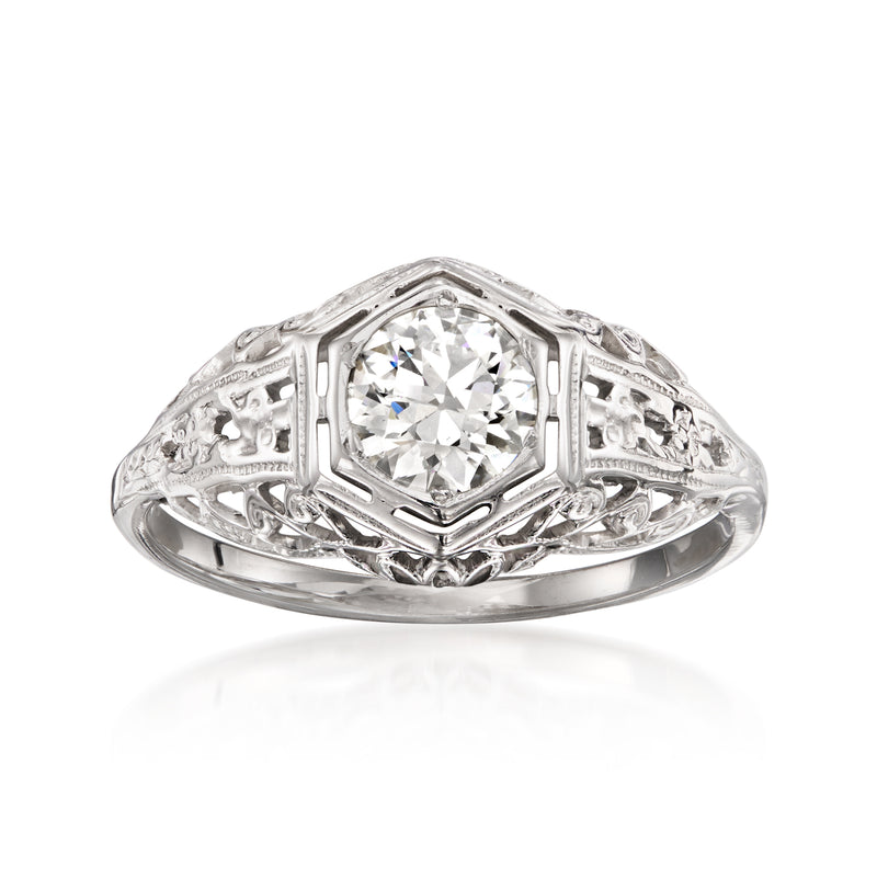 Vintage 18k white gold diamond filigree ring with octagon center stone