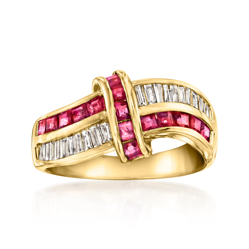 18kt yellow gold crisscross ring with ruby and baguette diamond inset bands
