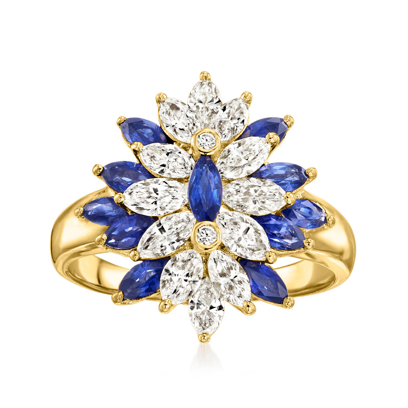 18kt yellow gold cluster ring with blue sapphires and diamond petals, oval center