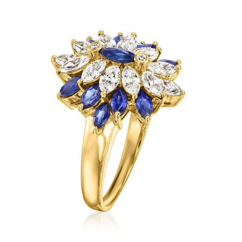 18kt yellow gold cluster ring with blue marquise sapphires and diamond accents