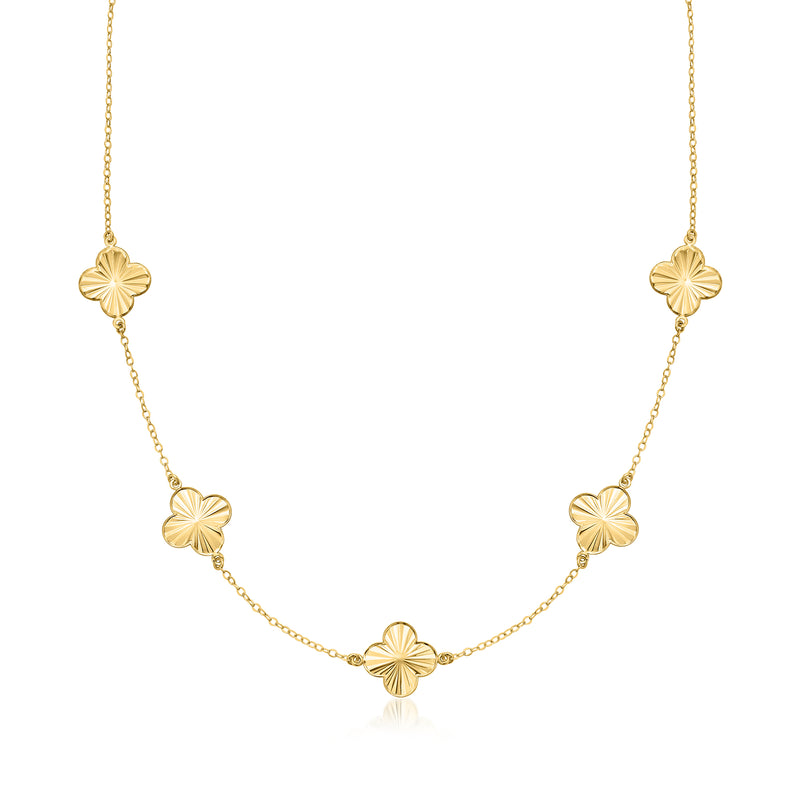 Yellow gold clover station necklace with five clover links on a fine chain