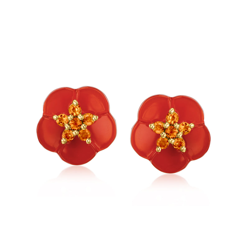 Red flower stud earrings with gold-tone center and small crystal-like accents