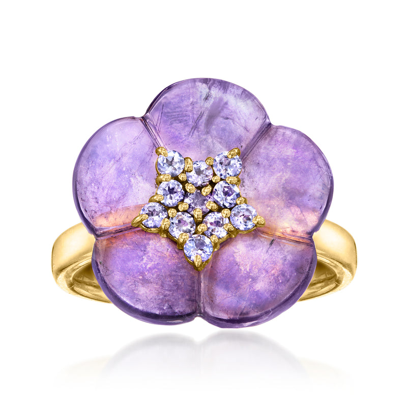 Amethyst flower ring with gold-tone band and sparkling light stones cluster