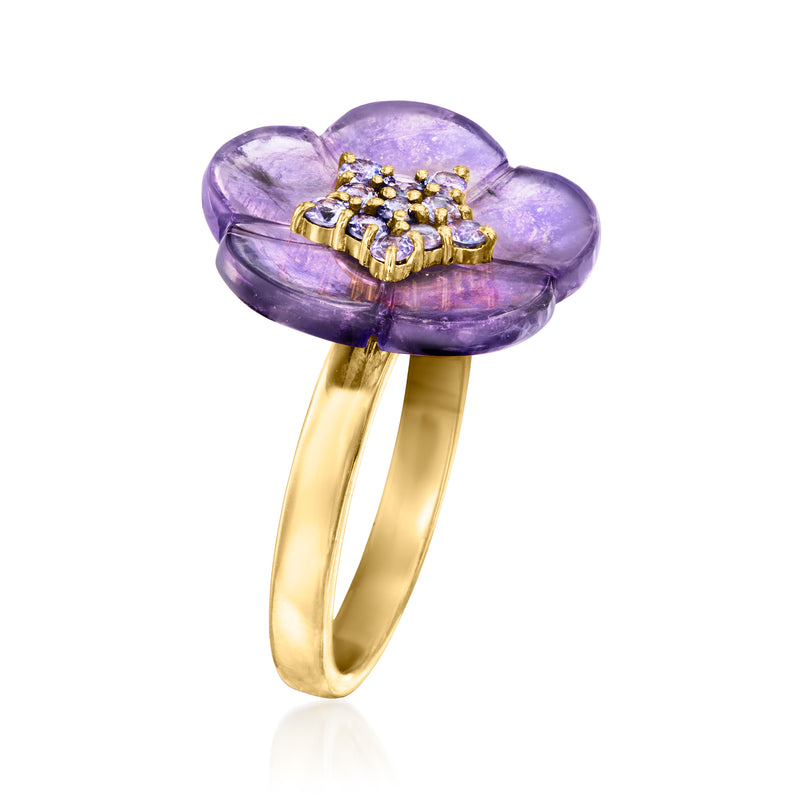 Amethyst flower ring, side view, gold-tone band and stone cluster setting