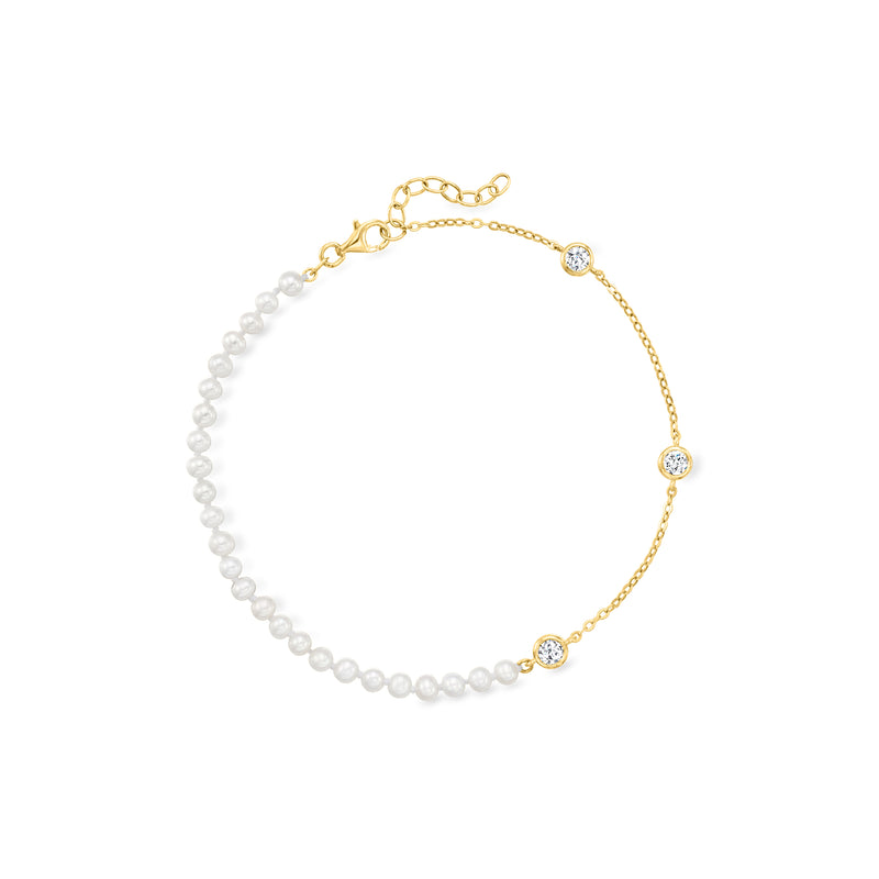 Cultured pearl and white topaz station anklet, 18kt gold over sterling, round profile