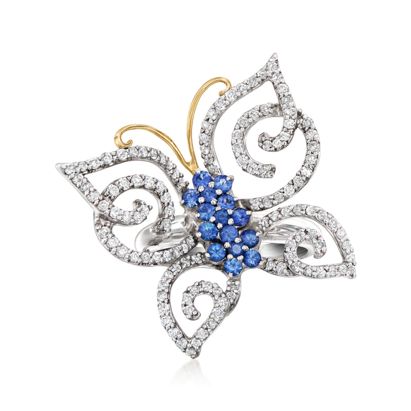 Butterfly ring with diamond scroll wings and blue sapphire center in 18kt white gold