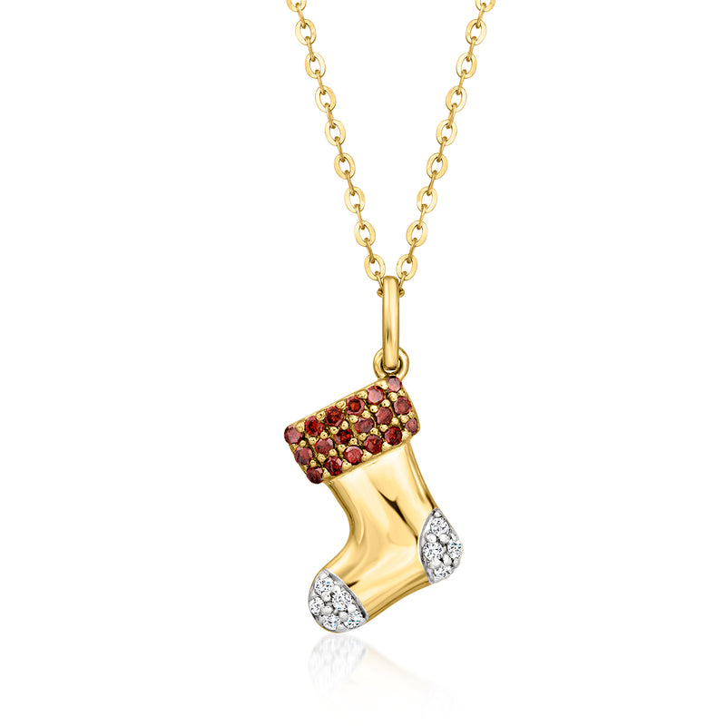 Gold-tone stocking pendant necklace with red and white gemstones, small chain