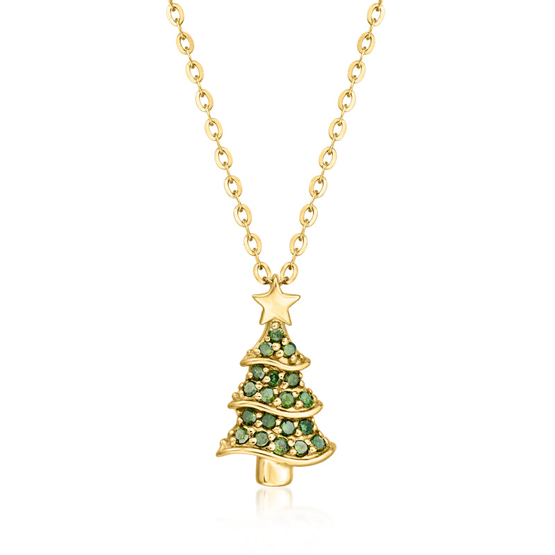 18kt gold over sterling necklace with green gemstone Christmas tree pendant