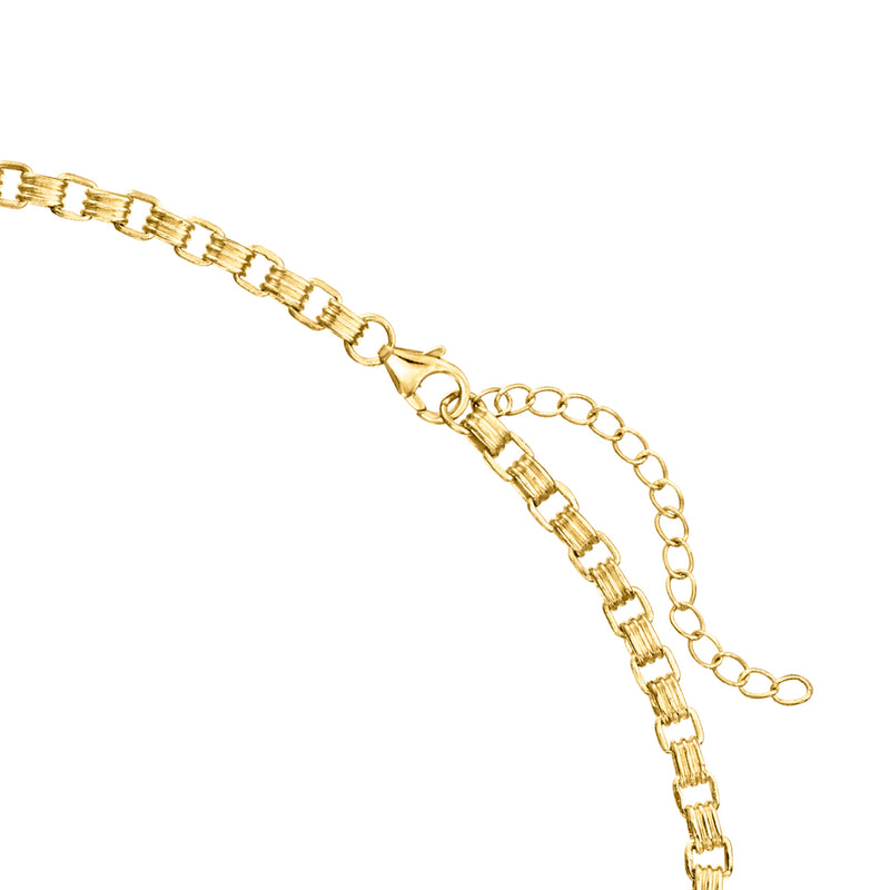 Gold-tone tennis necklace with rectangular gemstone stations and round link extender chain