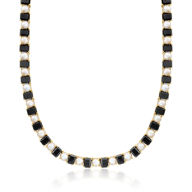 Cultured pearl and onyx station necklace, 18kt gold over sterling, black and white beads