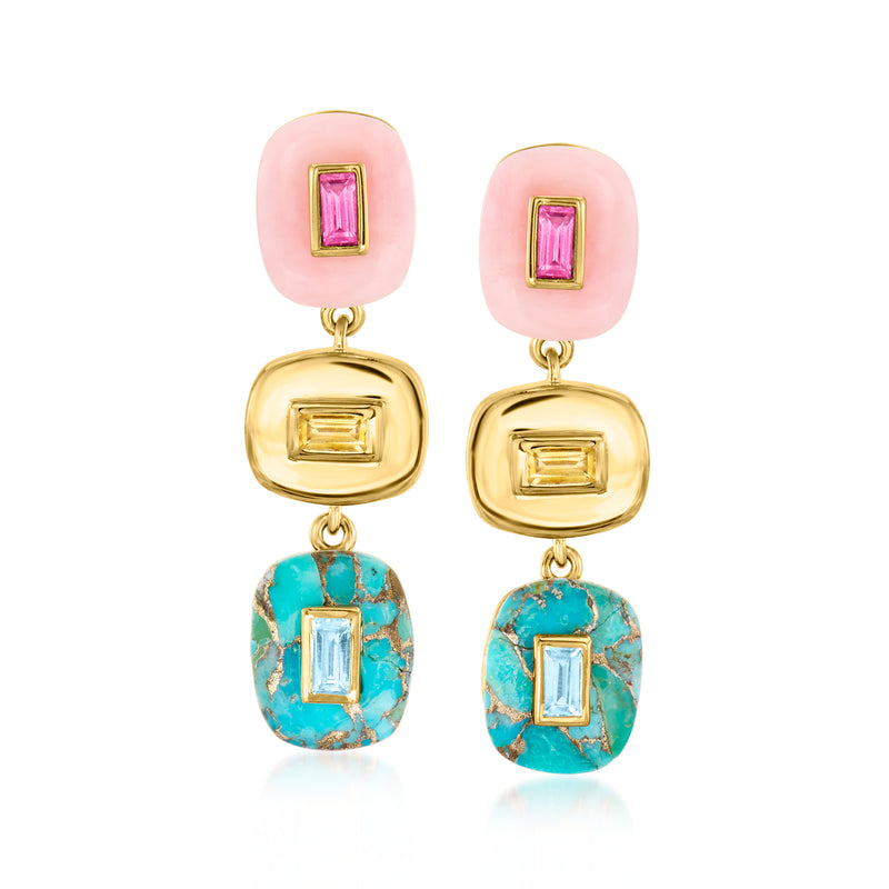 Gold drop earrings with pink top stones, turquoise oval accents, and square crystal centers.