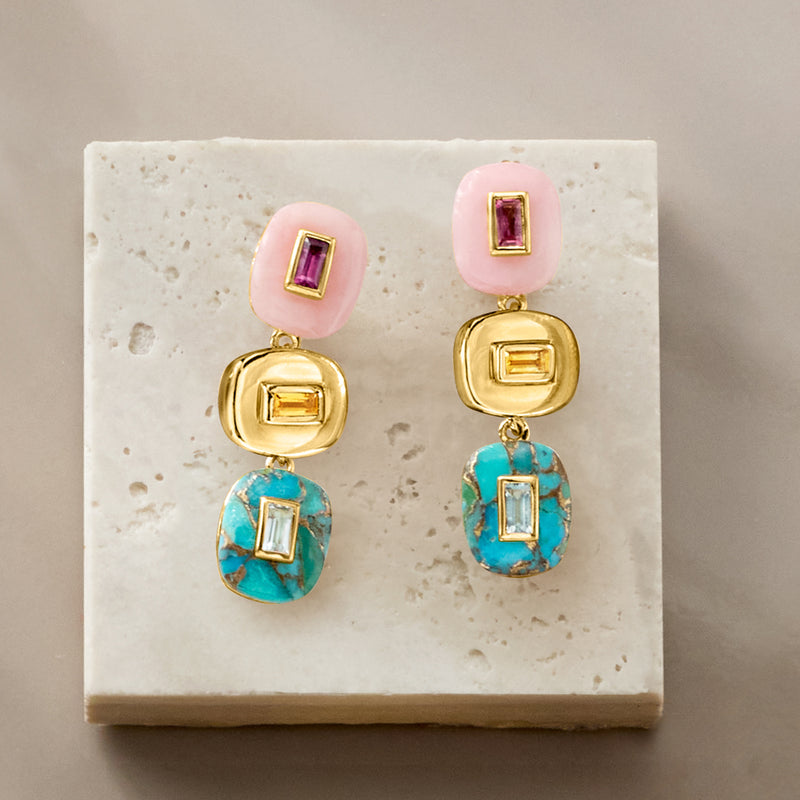Gold multi-gem drop earrings with pink square tops and turquoise oval dangles.