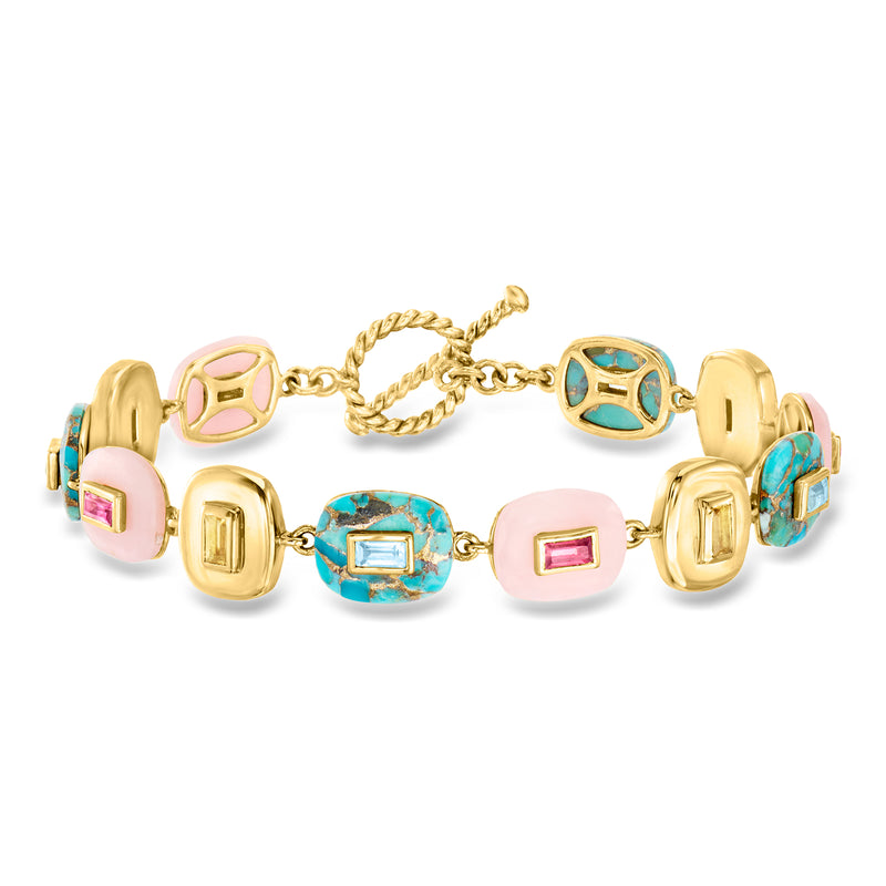 Gold-tone multi-gemstone overlay bracelet with pink and turquoise oval and square links