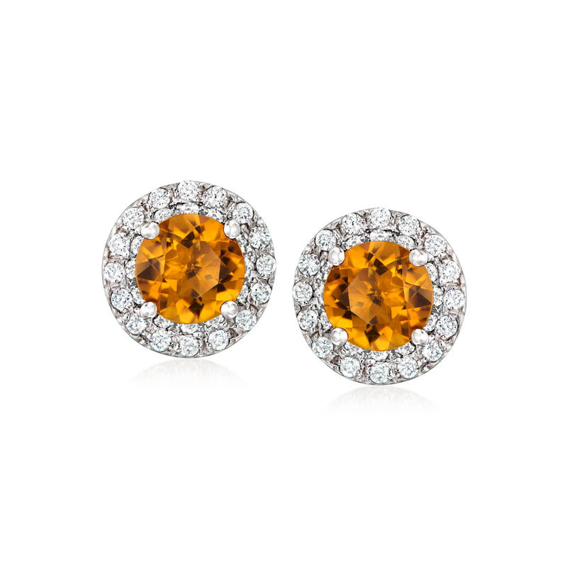 Round citrine halo diamond stud earrings in white gold, orange center stones on posts