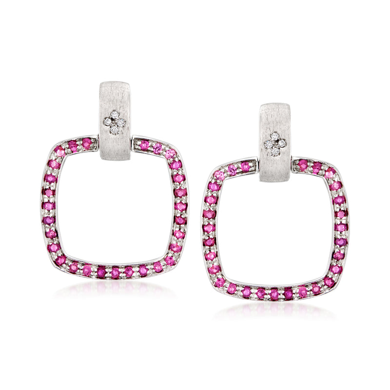 Ruby square drop earrings in 18kt white gold with diamond accents