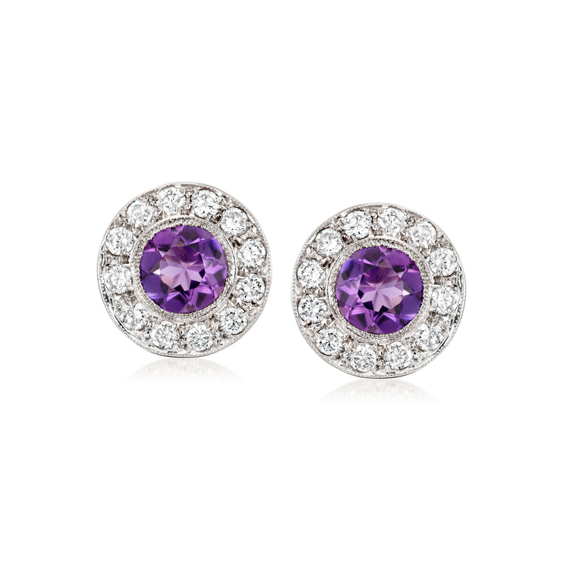Amethyst and diamond halo stud earrings in 18kt white gold, round purple gemstone