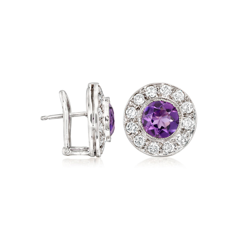 Amethyst and diamond halo stud earring with post backing in 18kt white gold