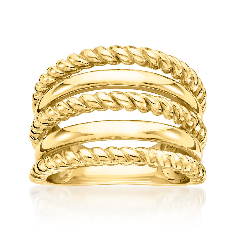 Gold over sterling multi-row ring with twisted rope band design, 18k gold tone