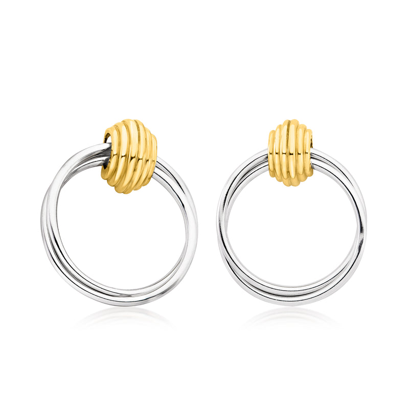 Double-circle hoop earrings, sterling silver with 18kt gold over silver knot detail