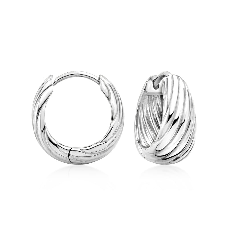 Ridged sterling silver hoop earrings with twisted ridges, round profile