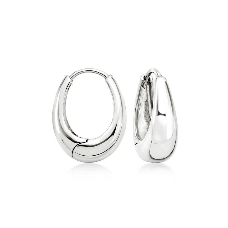 Sterling silver oval hoop earrings, polished finish, hinged clasp