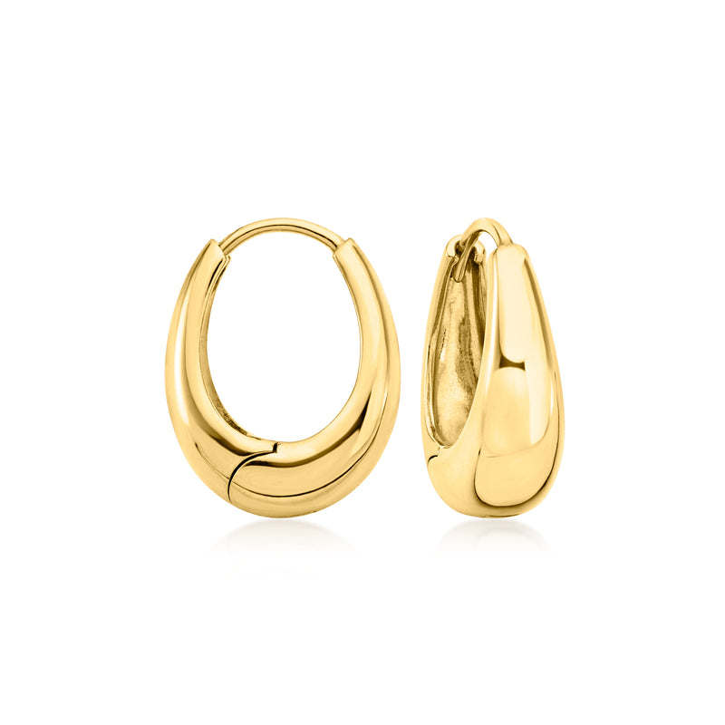 Polished gold oval hoop earrings with hinged back and smooth oval shape.
