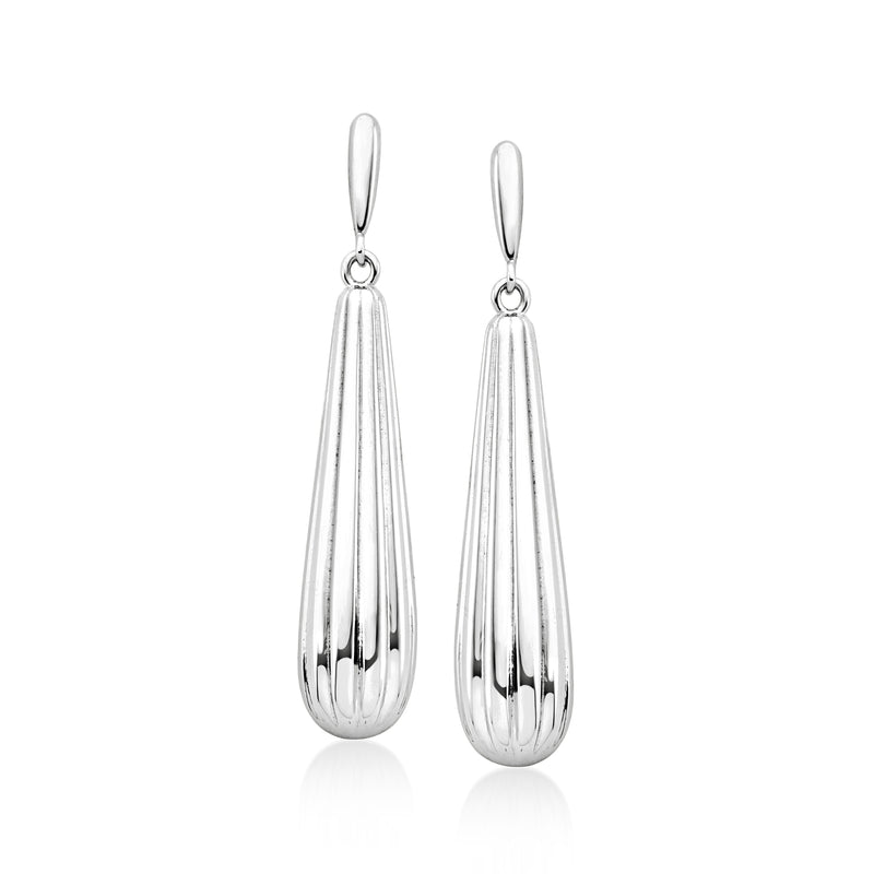 Sterling silver ridged teardrop drop earrings, vertical ribbed design