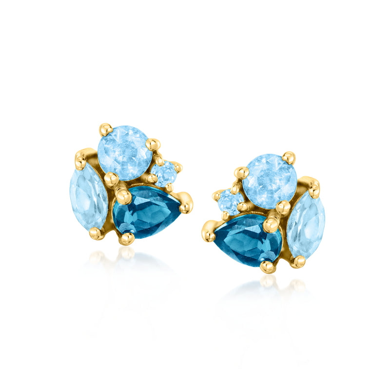 Yellow gold blue topaz stud earrings with tonal stones and post backs