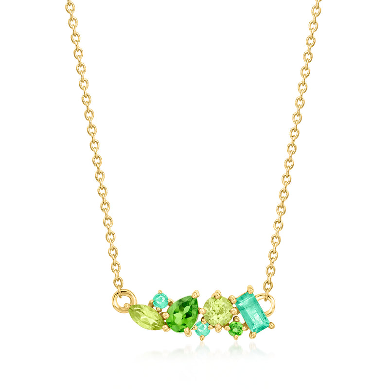 14kt yellow gold necklace with tonal green multi-gem cluster pendant on chain