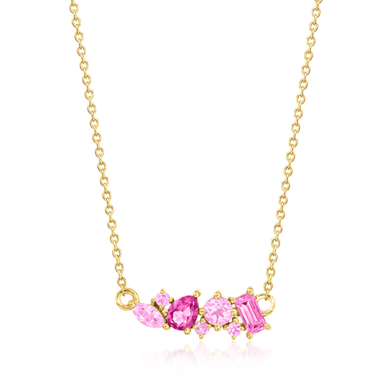 14kt yellow gold necklace with pink multi-gemstone bar cluster pendant and chain