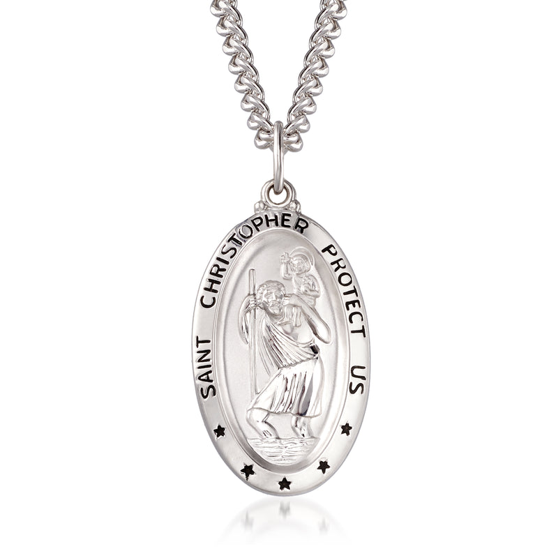Oval sterling silver Saint Christopher pendant with relief figure and text on chain