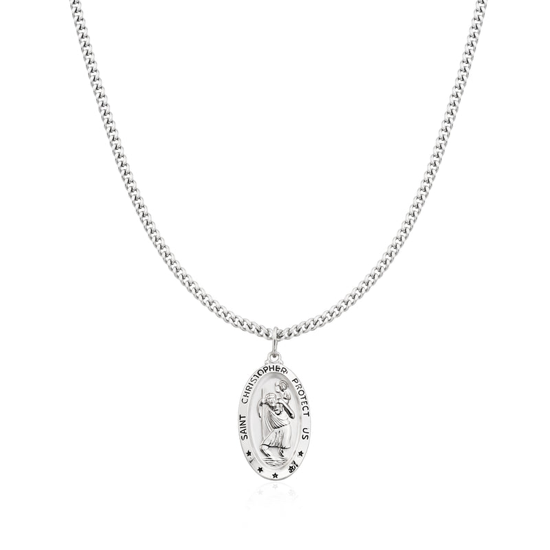 Sterling silver oval Saint Christopher pendant necklace, full view on chain