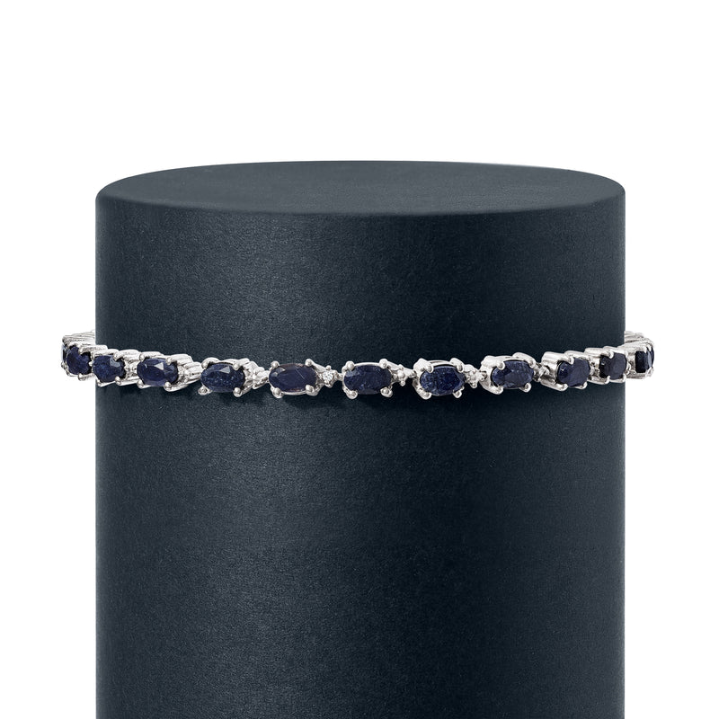 Sterling silver bracelet with blue sapphire stones and diamond accents, clasp view