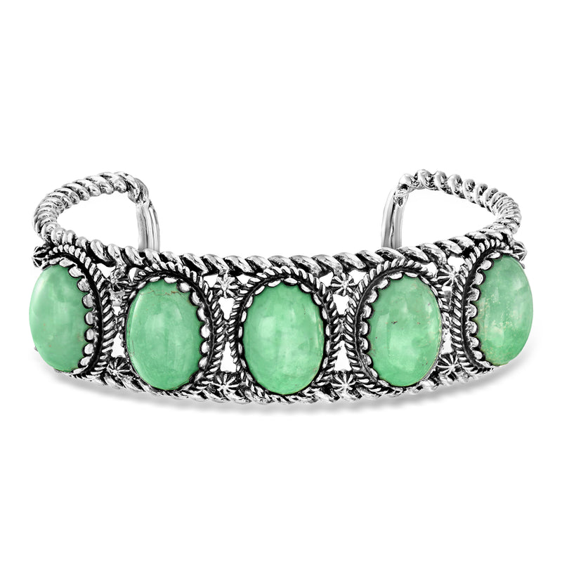 Turquoise cuff bracelet in sterling silver, oval green stones and braided bezel detail