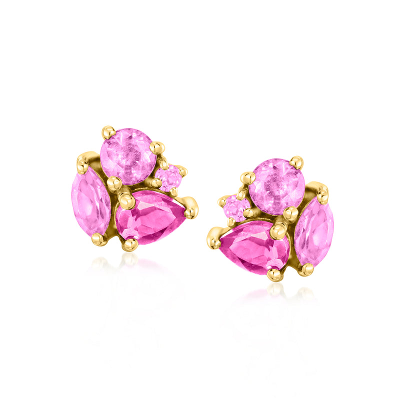 Yellow gold post earrings with pink multi-gem pear and round stones