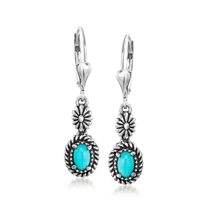 Sterling silver turquoise floral drop leverback earrings with oval turquoise gemstone dangles