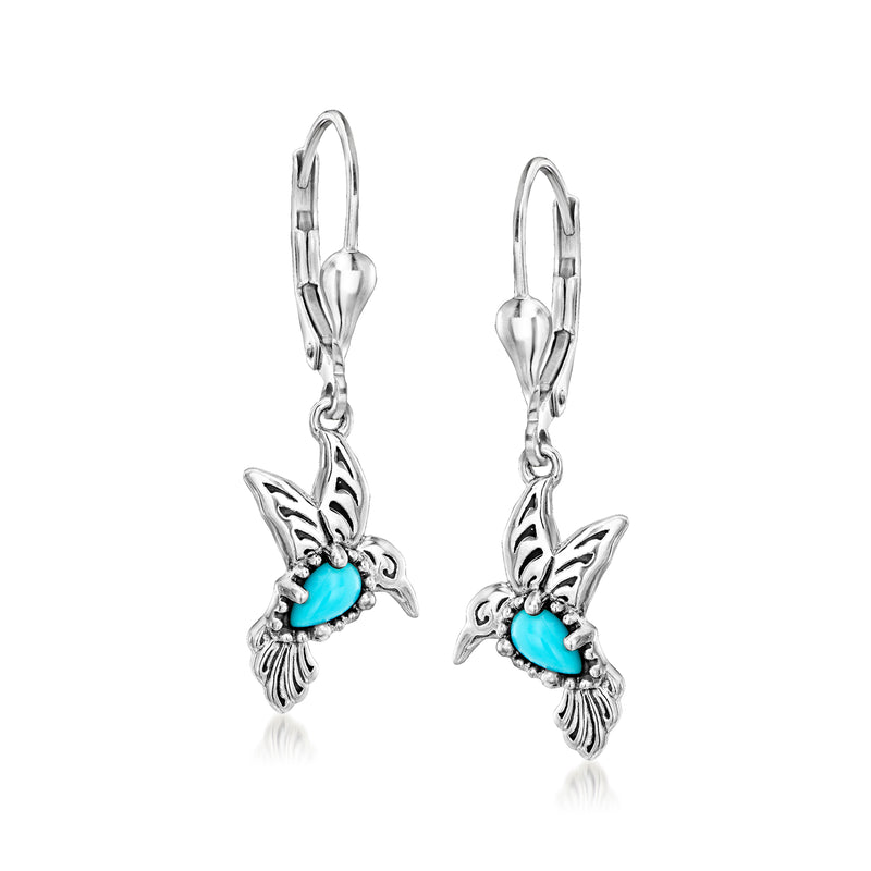 Turquoise hummingbird drop earrings in sterling silver with leverback hooks