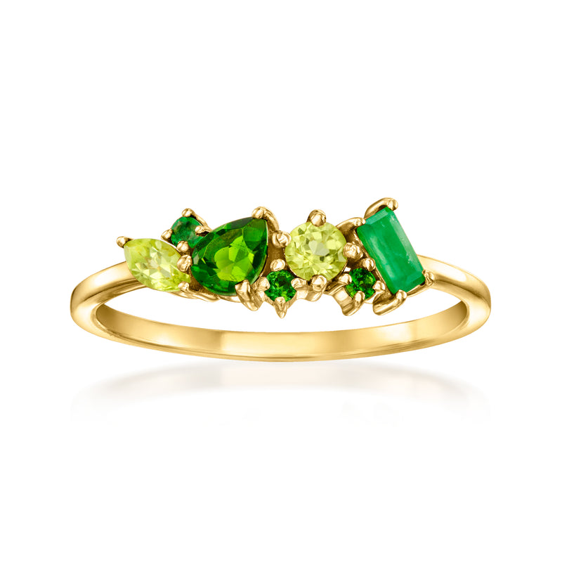 14kt yellow gold ring with green multi-gemstones and bezel-set prongs