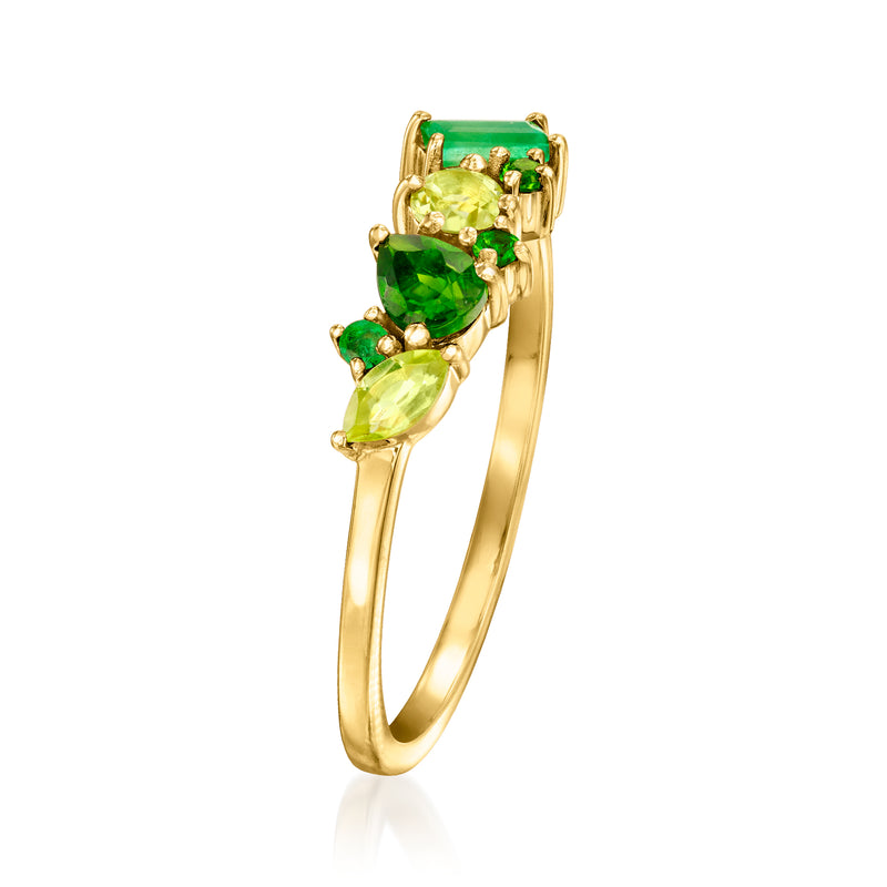 14kt yellow gold green gemstone ring with heart-shaped and oval stones, prong set