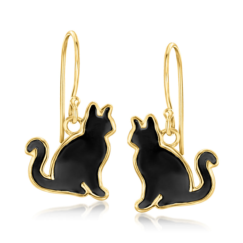 Gold-tone cat drop earrings with black enamel silhouettes and hinged earwire hooks