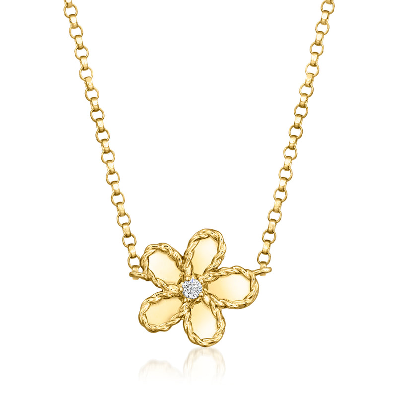18kt yellow gold flower necklace with single diamond, linked chain and floral pendant