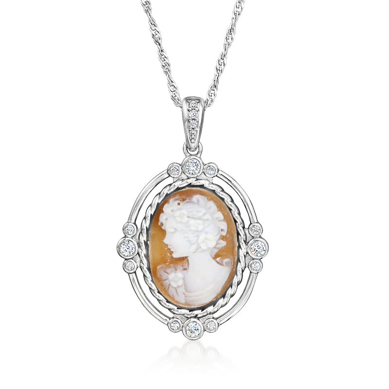 Sterling silver cameo pendant necklace with orange agate oval and CZ halo