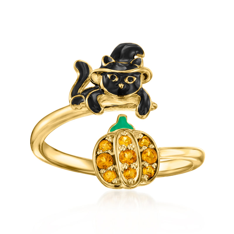 Gold cat ring with black enamel face, citrine pumpkin stones, green stem on oval setting