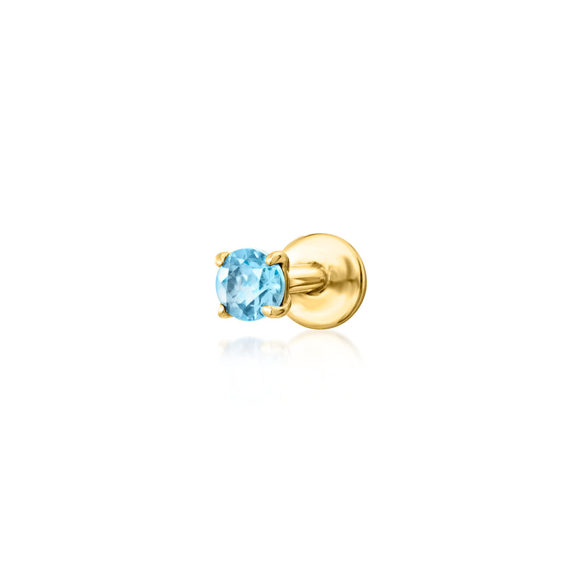 14kt yellow gold flat-back stud earring with blue topaz, front view