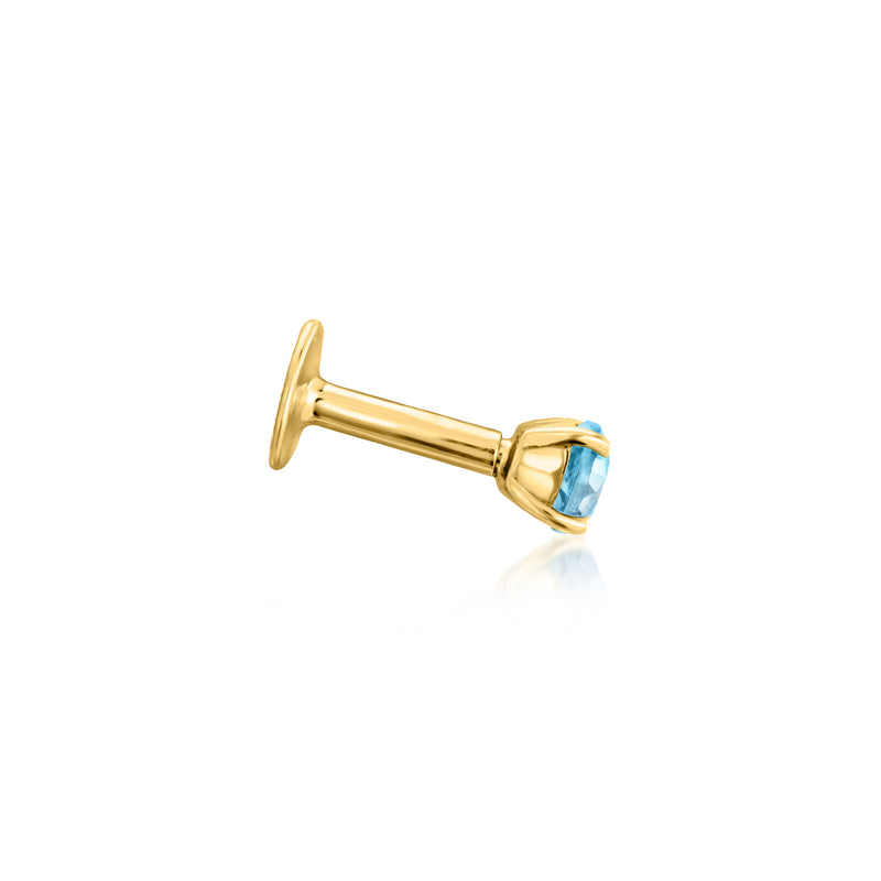14kt yellow gold flat-back stud earring with blue topaz, side profile