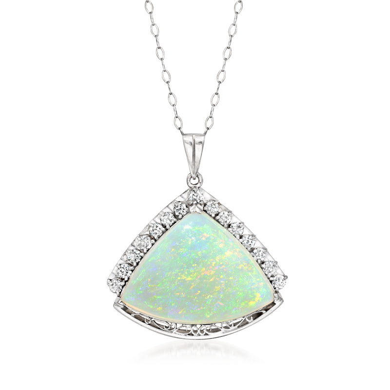 Platinum opal and diamond pendant necklace with triangular opal centerpiece and halo